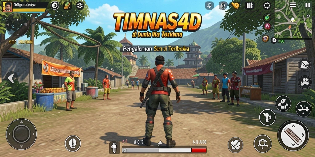 Tangkapan layar dari gameplay TIMNAS4D yang menunjukkan dunia terbuka yang luas.